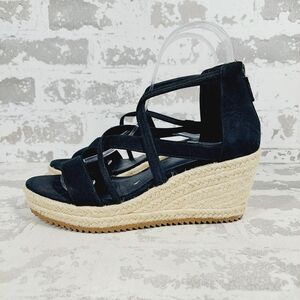 NEW Eileen Fisher Wanda Black Leather Strappy Wedge Espadrille Sandals W165